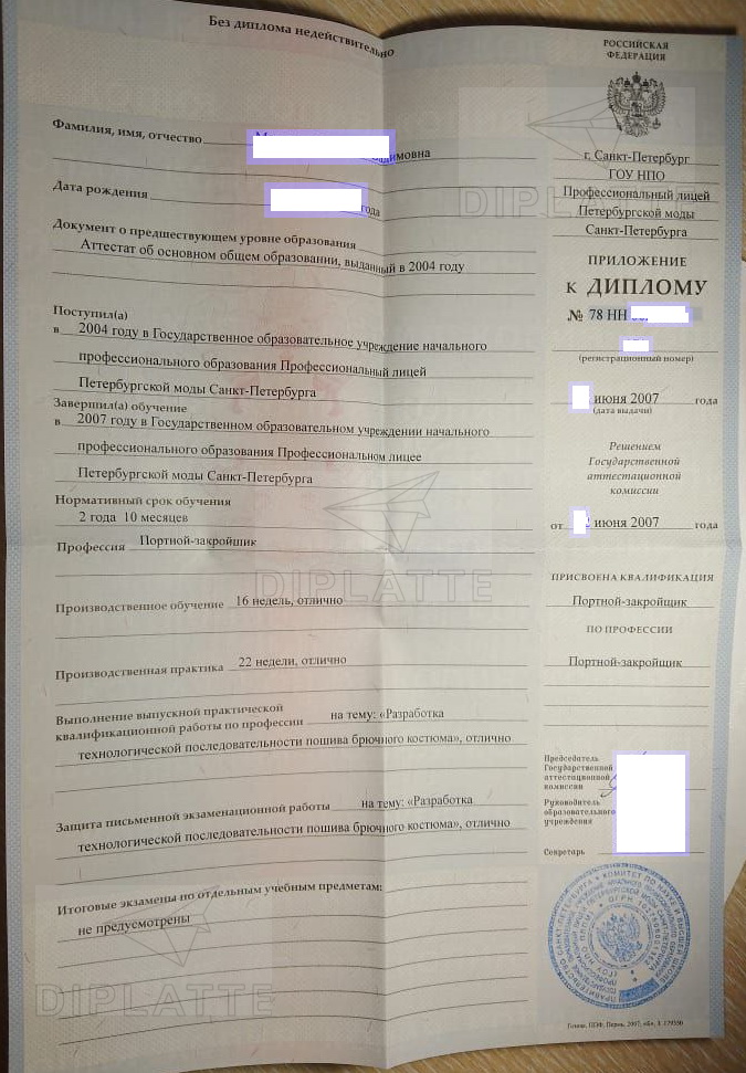 Приложение к диплому ГОУ НПО Профессиональный лицей Петербургской моды г. СПб Портной-закройщик 2007 г.