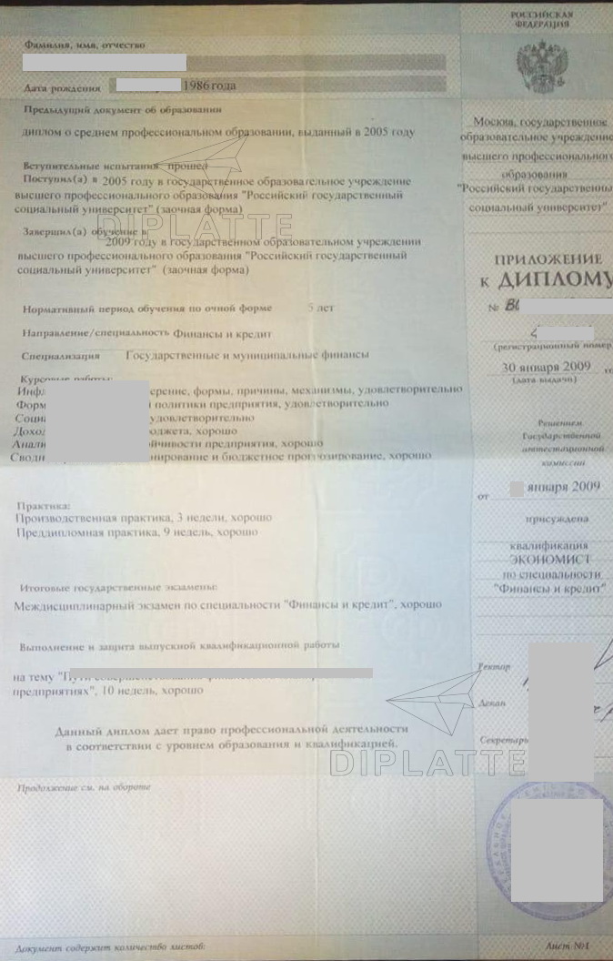 Приложение диплома РГСУ 2009 г.